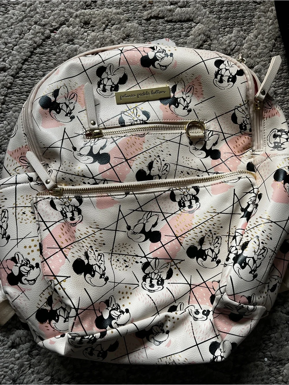 Petunia Pickle Bottom White and Pink Minnie Mouse Backpack with Gold Hardware